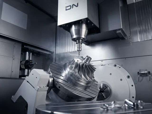 Stainless steel aerospace bracket machined on 5-axis CNC — precision bore features and fastener pattern geometry, photographed under hard directional studio lighting on dark field